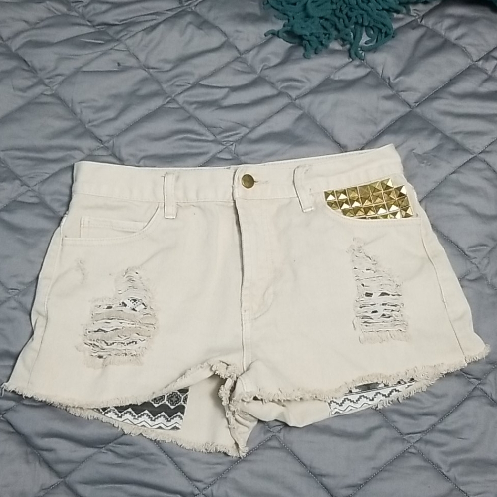 Tan distressed high waisted denim shorts